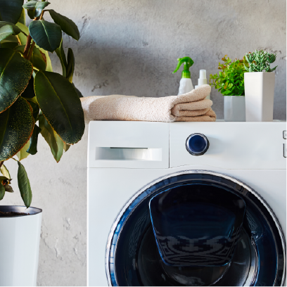 Modern front-loading washing machine in a home laundry area